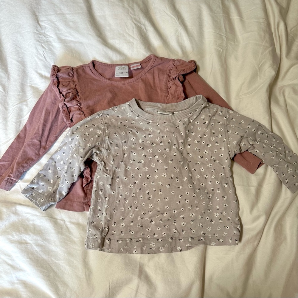 Zara Kids Long Sleeve Shirts Set of 2 (Gray Floral and Mauve Ruffle) - 18-24m